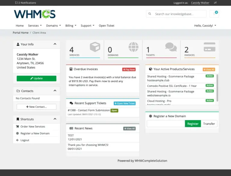 WHMCS client area