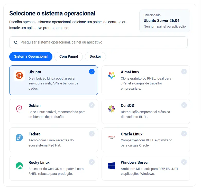 Cloud VPS com instalação automática: painéis, apps e Docker prontos para uso 2 Seleção de sistema operacional para Cloud VPS: Ubuntu, Debian, AlmaLinux, Rocky Linux, CentOS, Fedora, Oracle Linux e Windows Server