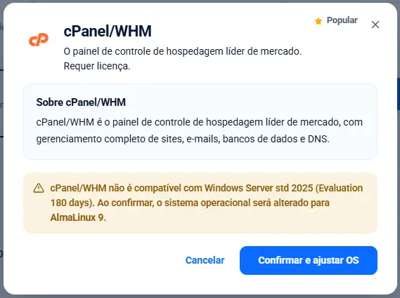 Cloud VPS com instalação automática: painéis, apps e Docker prontos para uso 4 Verificação automática de compatibilidade entre painel de controle e sistema operacional no configurador de Cloud VPS da ServerSP