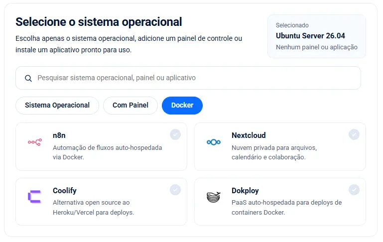 Cloud VPS com instalação automática: painéis, apps e Docker prontos para uso 3 Aba Docker do configurador de Cloud VPS da ServerSP com n8n, Nextcloud, Coolify e Dokploy prontos para instalação automática