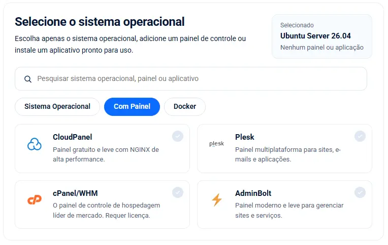 Cloud VPS com instalação automática: painéis, apps e Docker prontos para uso 1 Configurador de Cloud VPS da ServerSP com seleção de painel de controle: CloudPanel, Plesk, cPanel/WHM e AdminBolt